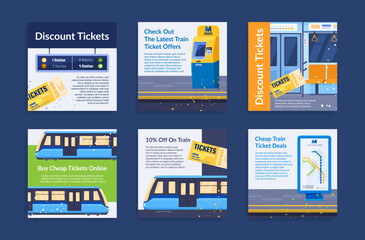 Fototapeta na wymiar Tickets for train sale discount social media post set vector isometric illustration