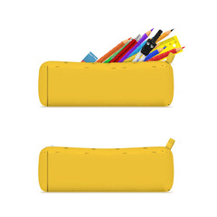 Yellow school pencil case closed and open with stationery set realistic vector illustration - obrazy, fototapety, plakaty