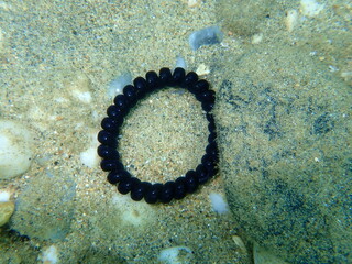 Plastic bracelet on the seabed, Aegean Sea, Greece, Halkidiki. Sea pollution.