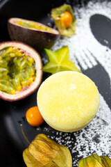 Mochi with fruits, fresh strawberries, dessert, food
