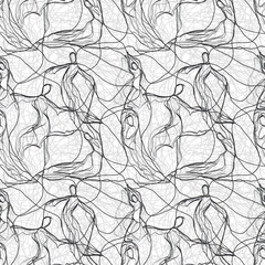 Black and white abstract pattern, dancing girls, chaotic lines.