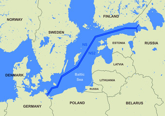 Nord Stream 1 and 2 on map, natural gas pipelines from Russia to Germany - obrazy, fototapety, plakaty