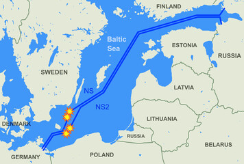 Nord Stream leak on map, sites of explosions of natural gas pipelines - obrazy, fototapety, plakaty