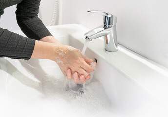 Washing Hands, Woman Wash her Palms, Soapy Arms