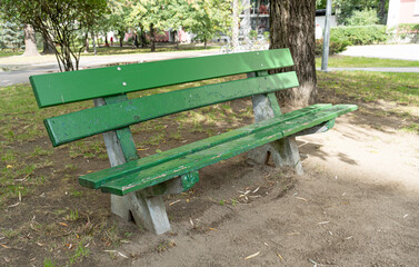 Old Green Wooden Bench in Park, Outdoor Wood Benches, Public Furniture