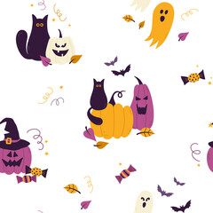 Halloween vector pattern with pumpkins, cats, ghosts and bats
