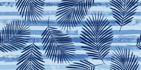 Tropical pattern, palm leaves seamless vector floral background. Exotic plant on blue stripes print illustration. Summer nature jungle print. Leaves of palm tree on paint lines. ink brush strokes