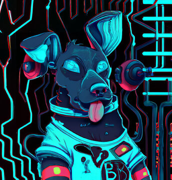 a futuristic illustration of a derpy dog. The image has a cyber punk feel with bright blues and pinks and reds. 