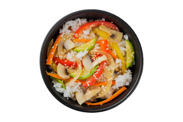 Noodles wok, with vegetables, herbs and sesame. In a black round plate. On a white background.