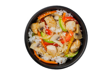 Noodles wok, with vegetables, herbs and sesame. In a black round plate. On a white background.