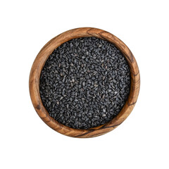 Raw organic black sesame seeds in wooden bowl
