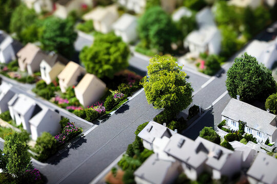 modern generic contemporary style miniature illustration of houses and trees of a landscaped neighborhood model with tilt-shift focus technique - mixed 3D with manual matte painting digital image