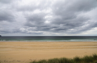 The beautiful, scenic landscape in Sgarasta Mhor Beach, Isle of Harris, in a windy, cloudy summer day. Hebridean summer beach mood.