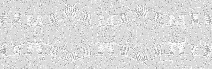 Banner, cover design. Embossed geometric vintage 3d pattern on white background, boho style, paper press. Tribal ornamental ethnos. Traditions of the East, Asia, India, Mexico, Aztecs, Peru.