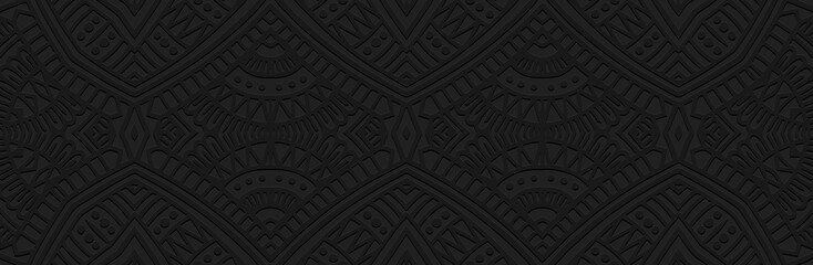 Banner, cover design. Embossed geometric unique 3d pattern on black background, boho style, paper press. Tribal ornamental ethnos. Traditions of the East, Asia, India, Mexico, Aztecs, Peru.