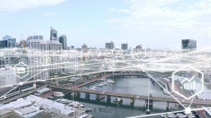 Finance, fintech and network drone in city for investment and cryptocurrency 3d graphic. South Africa cityscape with digital economy, growth and blockchain technology for innovation. - Powered by Adobe