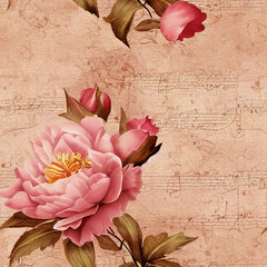 Vintage Shabby Large Peony Floral Seamless Pattern Background with Cottage Chic Pink Flowers Repeating Design with Sheet Music on Old Distressed Paper