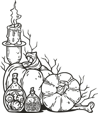 Halloween autumn corner decor with pumpkin and leaves. Happy halloween composition for poster design. Festive invitation and postcard