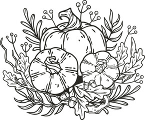 Pumpkin autumn decor with leaves, halloween october post card. September composition