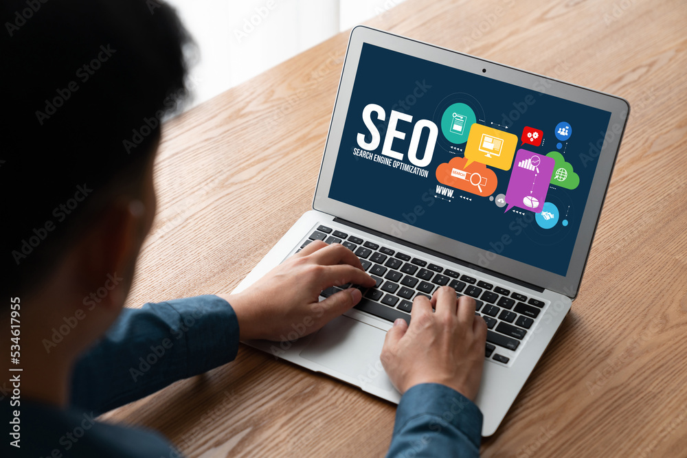 Wall mural seo search engine optimization for modish e-commerce and online retail business showing on computer 