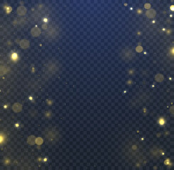 Blurred dust light on dark blue background. Abstract glitter defocused blinking stars and sparks. Christmas and New Year holidays template. Dark golden abstract bokeh. Vector illustration.