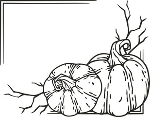 Autumn halloween corner decor with pumpkin and leaves. Happy halloween composition for poster design. Festive invitation and postcard