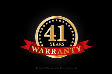 41 years golden warranty logo with ring and red ribbon isolated on black background, vector design for product warranty, guarantee, service, corporate, and your business.
