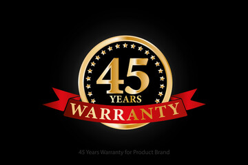 45 years golden warranty logo with ring and red ribbon isolated on black background, vector design for product warranty, guarantee, service, corporate, and your business.