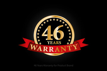 46 years golden warranty logo with ring and red ribbon isolated on black background, vector design for product warranty, guarantee, service, corporate, and your business.