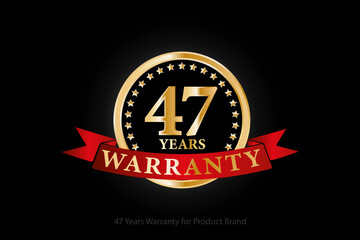47 years golden warranty logo with ring and red ribbon isolated on black background, vector design for product warranty, guarantee, service, corporate, and your business.