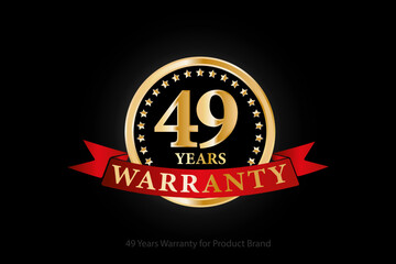 49 years golden warranty logo with ring and red ribbon isolated on black background, vector design for product warranty, guarantee, service, corporate, and your business.