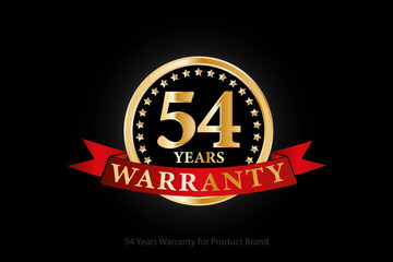 54 years golden warranty logo with ring and red ribbon isolated on black background, vector design for product warranty, guarantee, service, corporate, and your business.