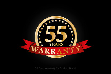 55 years golden warranty logo with ring and red ribbon isolated on black background, vector design for product warranty, guarantee, service, corporate, and your business.