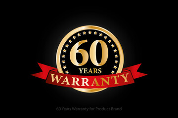 60 years golden warranty logo with ring and red ribbon isolated on black background, vector design for product warranty, guarantee, service, corporate, and your business.