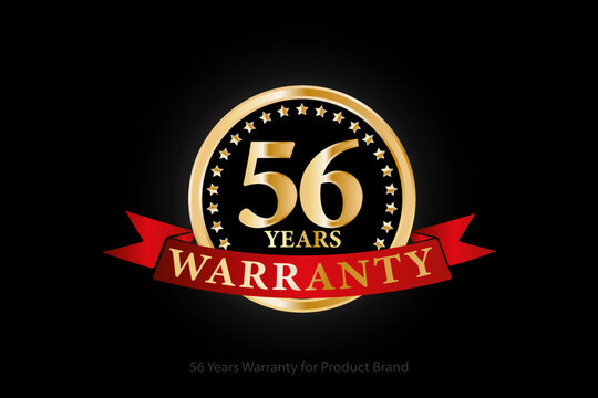 56 years golden warranty logo with ring and red ribbon isolated on black background, vector design for product warranty, guarantee, service, corporate, and your business.