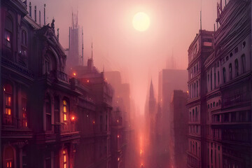 A 3d digital render of a cyberpunk city environment with tall dark buildings and pink sunset sky.