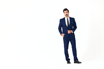 Man business smile with teeth in a suit business job walks open mouth happiness and surprise full-length on white isolated background copy space 