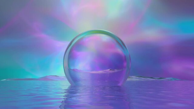 Abstract Crystal Ball Island Floating on Water with Magenta and Teal Nebula Sky Looping Background
