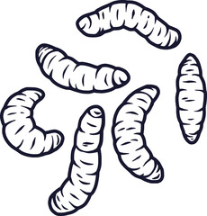 set of illustrations of maggots worms for halloween design. Scary insect larvae. October party banner, poster or postcard