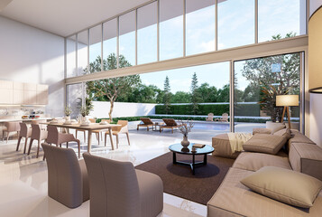 Modern style house interior with pool terrace background 3d render,decorated with brown furniture,There are large open sliding door Overlooking swimming pool and nature view.