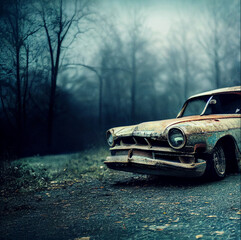 Obraz na płótnie Canvas Abandoned vintage car in a rusty condition. 3D illustration