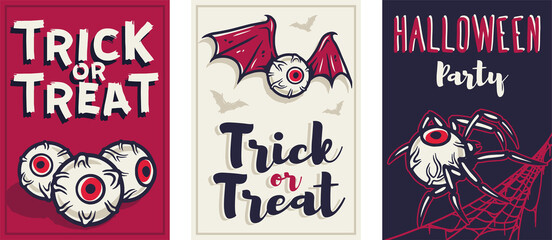 Colored halloween party invitation, banner, poster or postcard with scary horrible spider web, horrible eyeball and horror eyes with wings illustrations for october holiday design