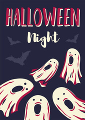 Colored halloween party invitation, banner, poster or postcard with scary horrible ghost, spirit and bats illustrations for october holiday design