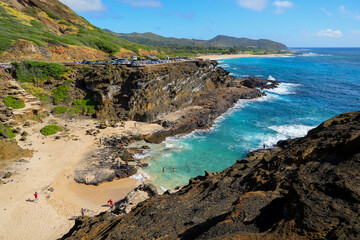 Halona Beach Cove on the eastern coast of O'ahu island in Hawaii along the Kalaniana'ole Highway