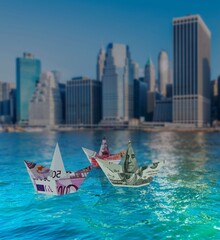 Naklejka premium Euro and dollar boats against cityscape