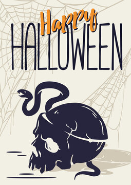 Skull with snake for halloween skeleton poster. Halloween undead and walking dead. Fear, horror and spooky zombie for design dark party of happy halloween