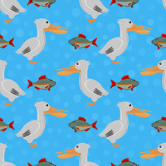 Pelican and Fish Icons Isolated on Blue Background. Exotic Tropical Bird Seamless Pattern.
