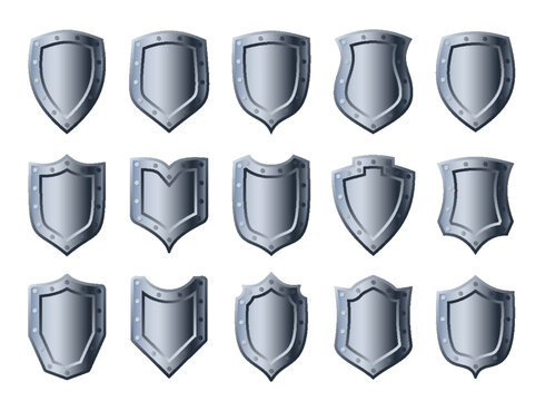 Metal shields 3D set different shapes security metallic icon. Power protection business concept safety symbol. Police badge template. Logo knight heraldic award medieval royal guard vintage shield