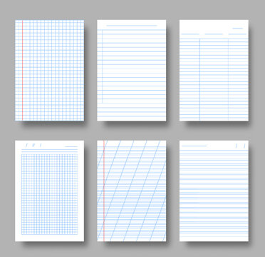 Notebook A4 Blank Grid Square Cell Lined Paper Sheet Set For School Notepad. Realistic Workbook Memo Notepapers With Shadow Mockup Template Isolated. Abstract Horizontal Lines Striped Page Background