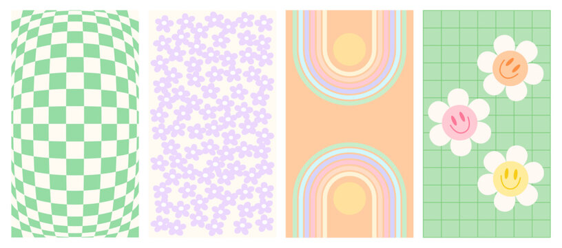 Groovy stories and post frame templates. Social media set design. Abstract retro aesthetic hippie backgrounds pack 70s, 80s, 90s style. Trendy girly сute design.